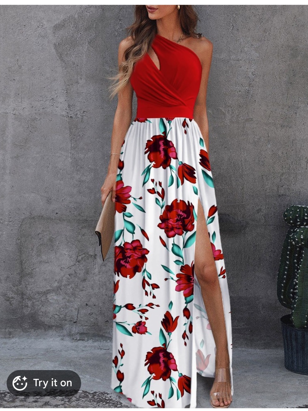 One Shoulder Floral Maxi Dress Red & White Floral Cutout Boho Dress Size Large